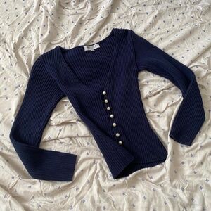 Muster Paris ribbed button long sleeve top in navy blue